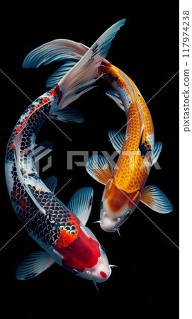 Two koi fish swimming together, their colors shining brightly against the dark blue ripples creating a peaceful atmosphere 117974238