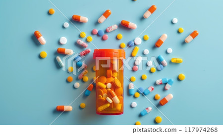 Top view of medicine bottle with scattered pill against light blue backdrop 117974268