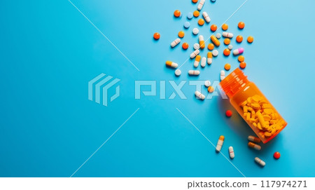 Opened lid orange medicine bottle with different colors and shapes pills scattered over blue background 117974271