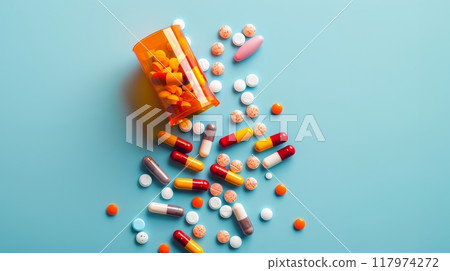 Opened lid orange medicine bottle with different colors and shapes pills scattered over blue background 117974272