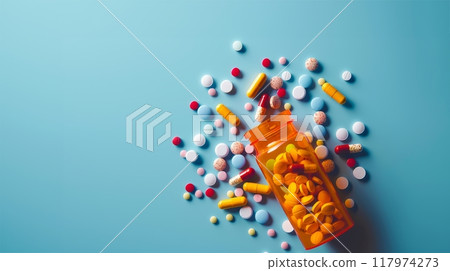 Opened lid orange medicine bottle with different colors and shapes pills scattered over blue background 117974273