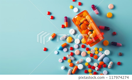 Opened lid orange medicine bottle with different colors and shapes pills scattered over blue background 117974274