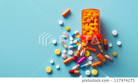 Opened lid orange medicine bottle with different colors and shapes pills scattered over blue background 117974275