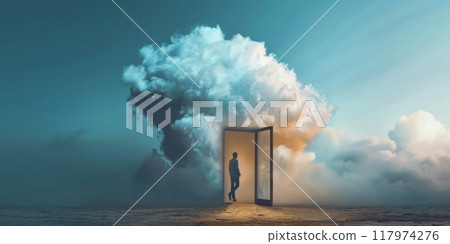 A person stepping into a floating cloud, symbolizing the opening of consciousness and spiritual awakening. 117974276