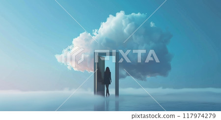 A person stepping into a floating cloud, symbolizing the opening of consciousness and spiritual awakening. 117974279