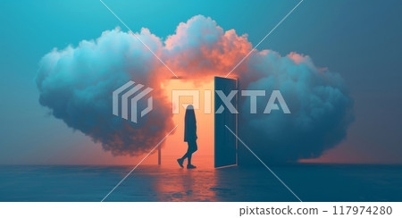 A person stepping into a floating cloud, symbolizing the opening of consciousness and spiritual awakening. 117974280