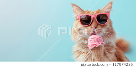 Cat with sunglasses enjoying an ice cream against a clean minimal design pastel background 117974286