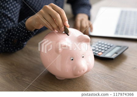 Close up view of female hand drop coin into piggybank Close up view of female hand drop coin into piggybank 117974366