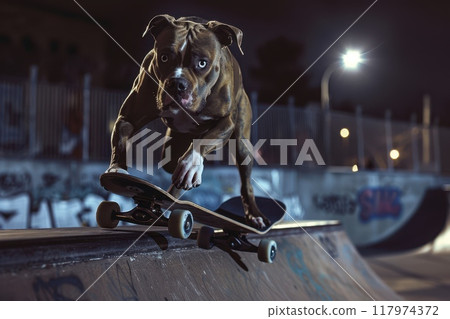 bulldog sitting on skateboard in street place Generative AI 117974372