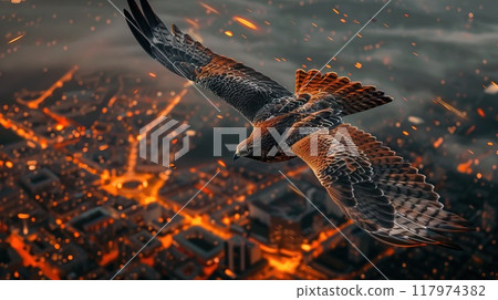 A hawk fly and secure a city from the sky night realistic, technological Generative AI 117974382