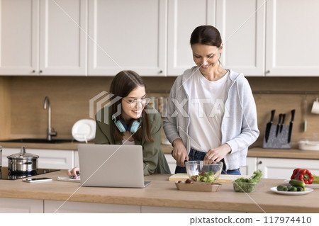 Teen studying while her smiling mother prepare lunch for family Teen studying while her smiling mother prepare lunch for family 117974410