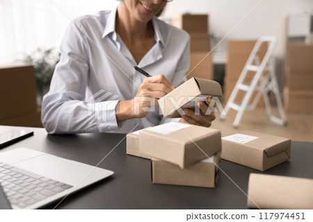 Businesswoman prepare ordered parcel goods to clients for dispatch 117974451