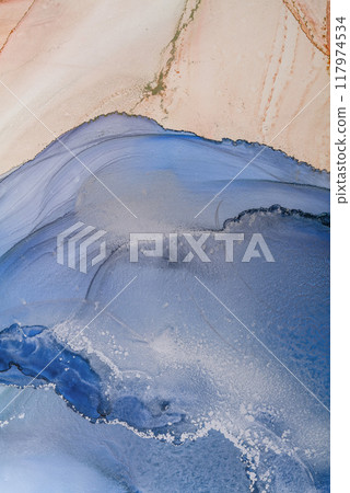 Aerial view of colorful sand and ocean waves blending together at dawn on a serene beach landscape Aerial view of colorful sand and ocean waves blending together at dawn on a serene beach landscape 117974534