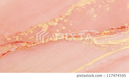 Delicate pink and gold abstract design showcasing soft textures and fluid patterns in a harmonious artistic composition 117974595