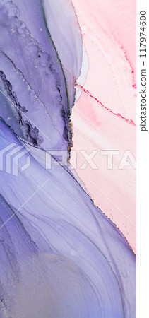 Fluid abstract art featuring gentle lavender and soft blush tones intertwining on a textured surface 117974600