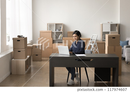 Warehouse worker, small business owner working on laptop Warehouse worker, small business owner working on laptop 117974607