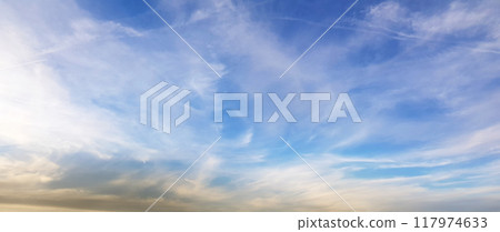 Weather background. Blue sky with clouds over the horizon 117974633