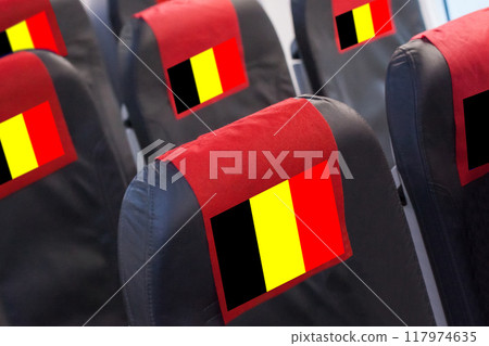 Belgian Flag on Empty seat in plane. Travel, flight and transportration in Belgium concept Belgian Flag on Empty seat in plane. Travel, flight and transportration in Belgium concept 117974635