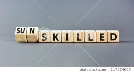 Sun skilled symbol. Concept words Skilled or Sun skilled on beautiful wooden blocks. Beautiful grey table grey background. Business sun skilled concept. Copy space. Sun skilled symbol. Concept words Skilled or Sun skilled on beautiful wooden blocks. Beautiful grey table grey background. Business sun skilled concept. Copy space. 117974665