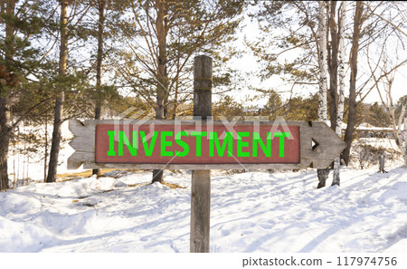 Investment symbol. Concept word Investment on beautiful wooden road sign. Beautiful winter forest background. Business investment concept. Copy space. Investment symbol. Concept word Investment on beautiful wooden road sign. Beautiful winter forest background. Business investment concept. Copy space. 117974756