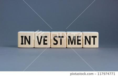 Investment symbol. Concept word Investment on beautiful wooden blocks. Beautiful grey background. Business investment concept. Copy space. 117974771