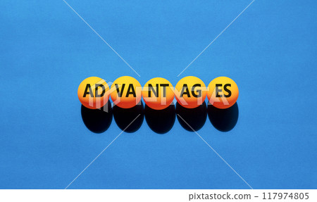 Advantages symbol. Concept word Advantages on beautiful yellow ping pong balls. Beautiful blue background. Business advantages concept. Copy space. 117974805