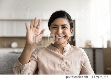 Webcam view Indian young woman looking at camera greeting friend 117974984