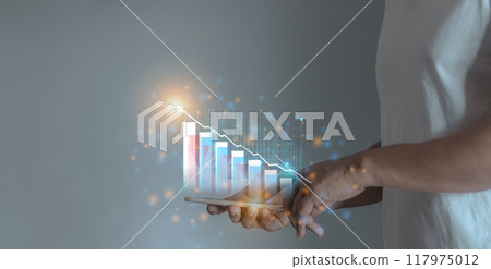 Young man hand using smartphone to visualize money growth The phone screen displays graphs Young man hand using smartphone to visualize money growth The phone screen displays graphs 117975012