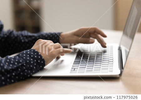 Unknown female using modern laptop for work, study or fun Unknown female using modern laptop for work, study or fun 117975026