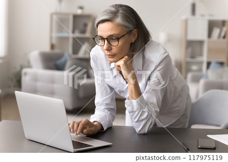 Focused mature businesswoman using laptop leaned at workplace desk Focused mature businesswoman using laptop leaned at workplace desk 117975119