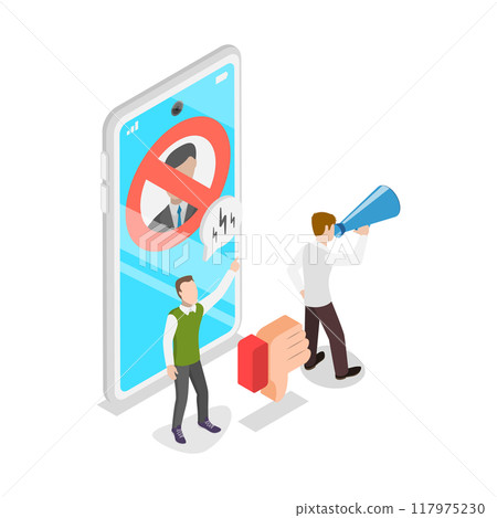 3D Isometric Flat Vector Illustration of Social Media Behavior, Boycott or Mass Riots. Item 2 117975230