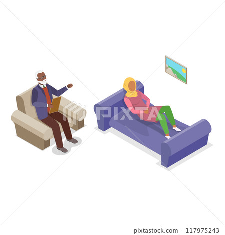 3D Isometric Flat Vector Set of Psychotherapy Session Scenes, Mental Health. Item 9 117975243