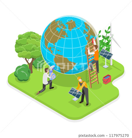 3D Isometric Flat Vector Illustration of Carbon Footprint Reduction , Net Zero Emissions and Carbon Dioxide Neutral Balance. Item 3 117975270
