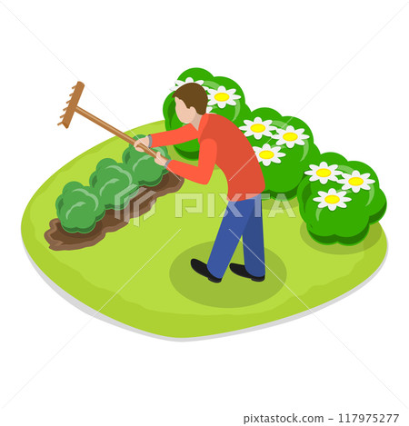 3D Isometric Flat Vector Set of Garden Tools And People, Landscape Designers and Farming Equipment. Item 9 117975277