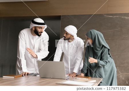 Young Middle Eastern business colleagues talking at laptop 117975382