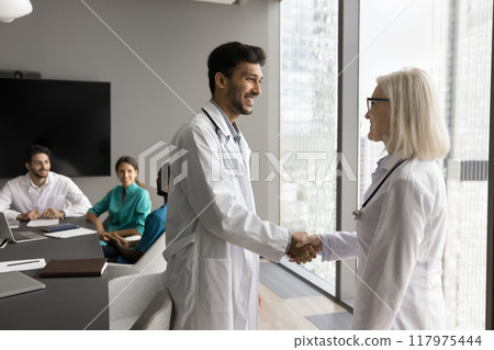 Two friendly smiling multiethnic therapists colleagues shaking hands 117975444