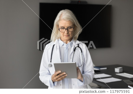 Older female doctor holding tablet standing in conference room Older female doctor holding tablet standing in conference room 117975591