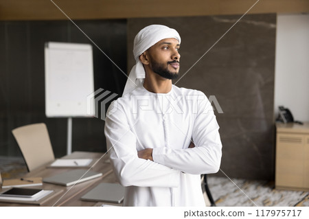Serious thoughtful confident Arabian business leader man posing in office 117975717