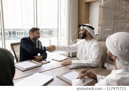 Happy multiethnic business partners finishing successful negotiation with handshake 117975725