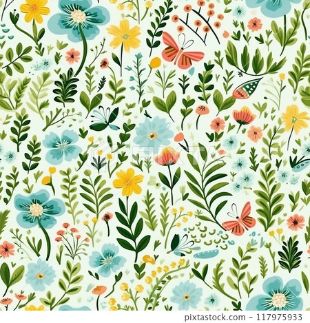 Spring delicate green floral seamless pattern. Generated by AI 117975933