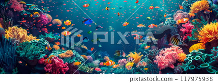 coral reef with tropical fish and Save Our Reefs , vibrant colors 117975938