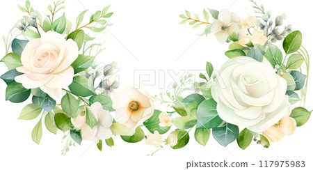 Cute wreath with leaves, white roses, pyrethrum and hydrangea blossom , Generative AI 117975983