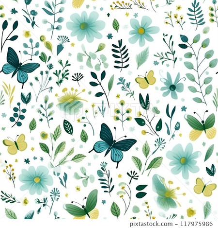 Spring delicate green floral seamless pattern. Generated by AI 117975986
