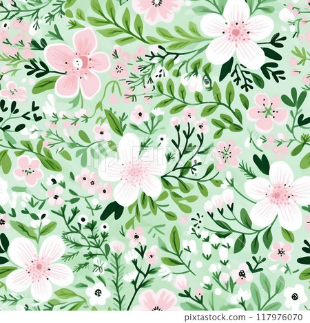 Spring delicate green floral seamless pattern. Generated by AI 117976070