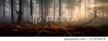 mystical atmosphere of a fog-covered forest by using long exposure to soften the fog and highlight the ghostly outlines of trees. Generative AI 117976079