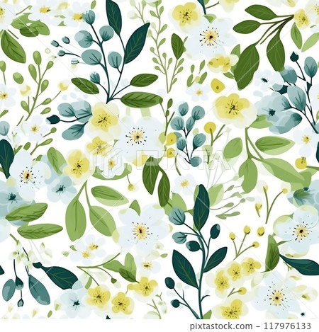 Spring delicate green floral seamless pattern. Generated by AI 117976133