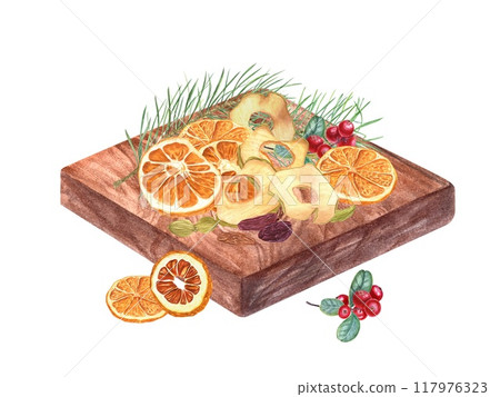 Dried fruit slices, raisin, red berries, cardamoms and fresh spruce branch pile on chopping board watercolor illustration. Natural sweeet apple chips, orange wedges, cranberries healthy food. Dried fruit slices, raisin, red berries, cardamoms and fresh spruce branch pile on chopping board watercolor illustration. Natural sweeet apple chips, orange wedges, cranberries healthy food. 117976323