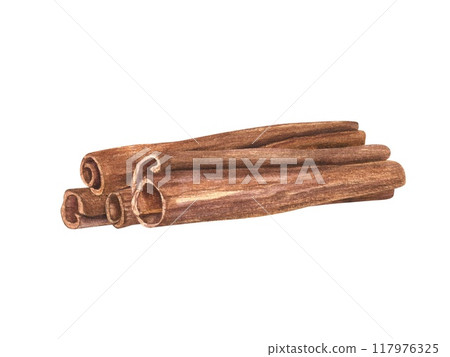 Natural raw organic cinnamon sticks watercolor illustration. Aromatic seasoning from tree bark lying on top of each other. Winter Ingredient for hot drinks, medicine, cooking and aromatherapy. 117976325