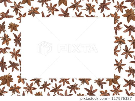 Aromatic Star anise seasoning watercolor horizontal frame. Badian, Aniseed spice Christmas and New Year hand drawn illustration with empty space for text. For greetings, cards, package Aromatic Star anise seasoning watercolor horizontal frame. Badian, Aniseed spice Christmas and New Year hand drawn illustration with empty space for text. For greetings, cards, package 117976327