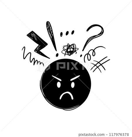 Angry doodle face. Hard negative thinking and mood. Aggressive unhappy mood character. Comic clothes print design, feedback neoteric vector element Angry doodle face. Hard negative thinking and mood. Aggressive unhappy mood character. Comic clothes print design, feedback neoteric vector element 117976378